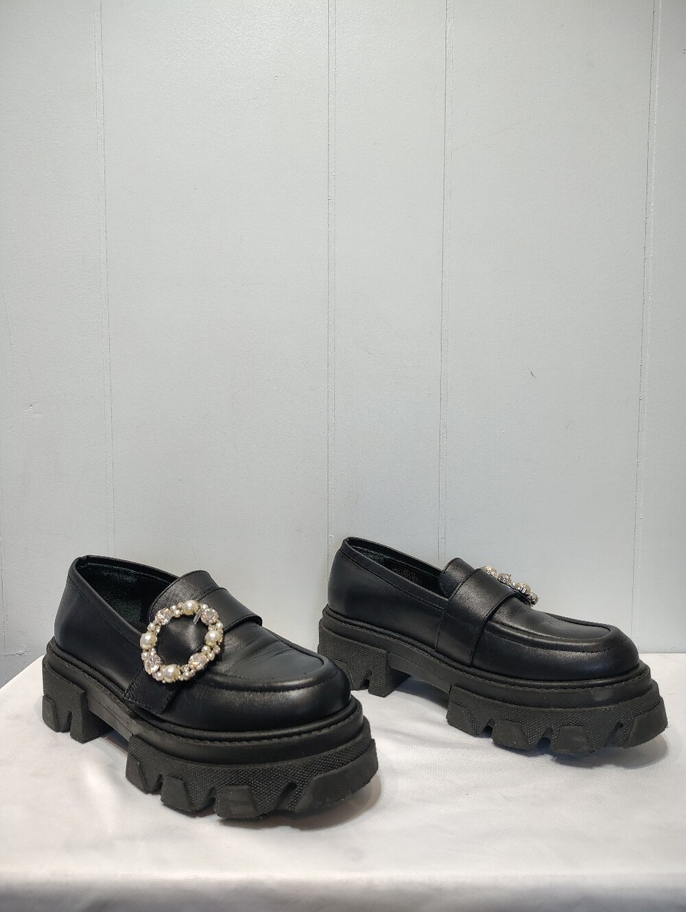 ALOHAS Trailblazer Black Crystal Pearl Chunky Leather Loafers EU 38 US 7.5 - Picture 9 of 10